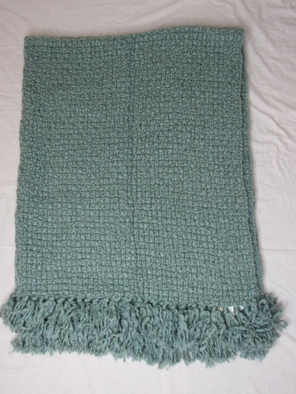 Pottery Barn Metallic Knit Fringed Throw Blanket Green Smoke Blue 50 x 60